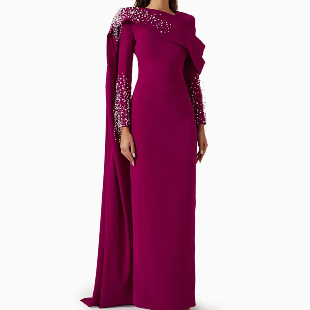 V Neck Long Sleeves Pearls Beading Arabian Party Gown Woman Formal Prom Dresses New Evening Dress with Cape Customized
V Neck Long Sleeves Pearls Beading Arabian Party Gown Woman Formal Prom Dresses New Evening Dress with Cape Customized
