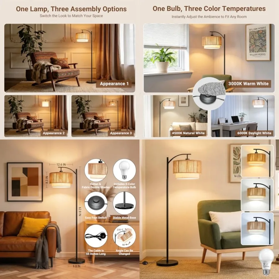 Floor Lamp for Living Room with 12W LED Bulb, Arc Floor Lamp, 3 Color Temperatures Standing Floor Lamp with Boho Rattan and Fab
Floor Lamp for Living Room with 12W LED Bulb, Arc Floor Lamp, 3 Color Temperatures Standing Floor Lamp with Boho Rattan and Fab