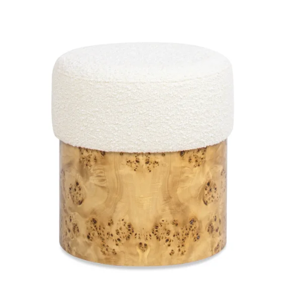 ebula 16.5" Round Burl Wood Upholstered Ottoman, Ivory White Bouclé
ebula 16.5" Round Burl Wood Upholstered Ottoman, Ivory White Bouclé