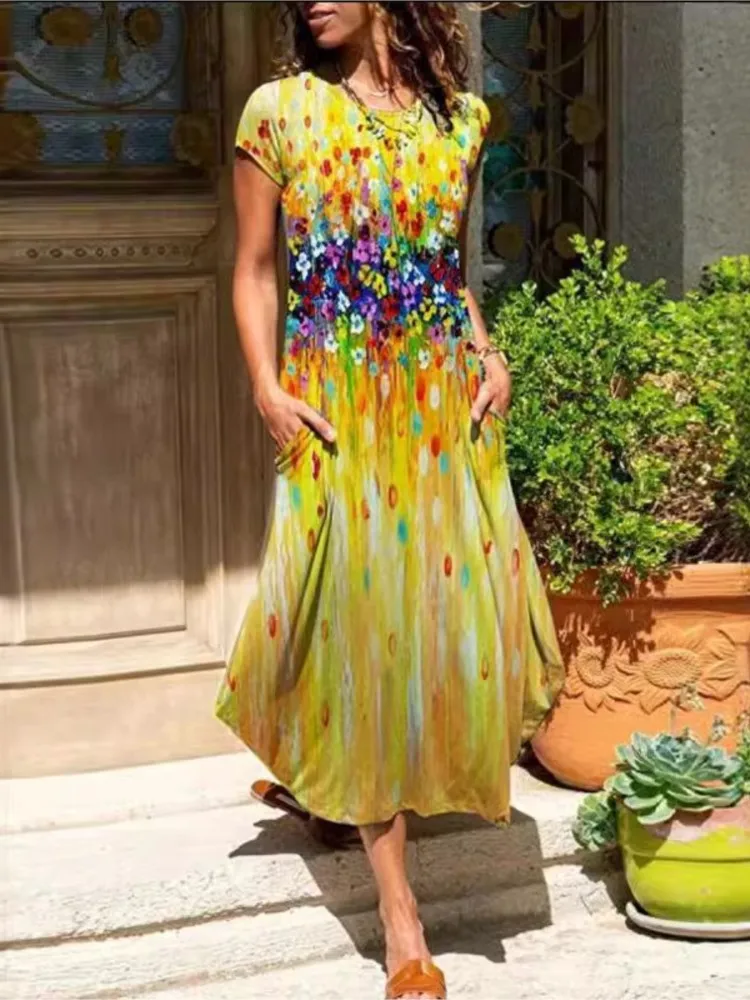 Fashion Floral Print Dress For Women Casual O Neck Short Sleeve Dresses Robe Femme Elegant Holiday Womens Clothing Summer New
Fashion Floral Print Dress For Women Casual O Neck Short Sleeve Dresses Robe Femme Elegant Holiday Womens Clothing Summer New