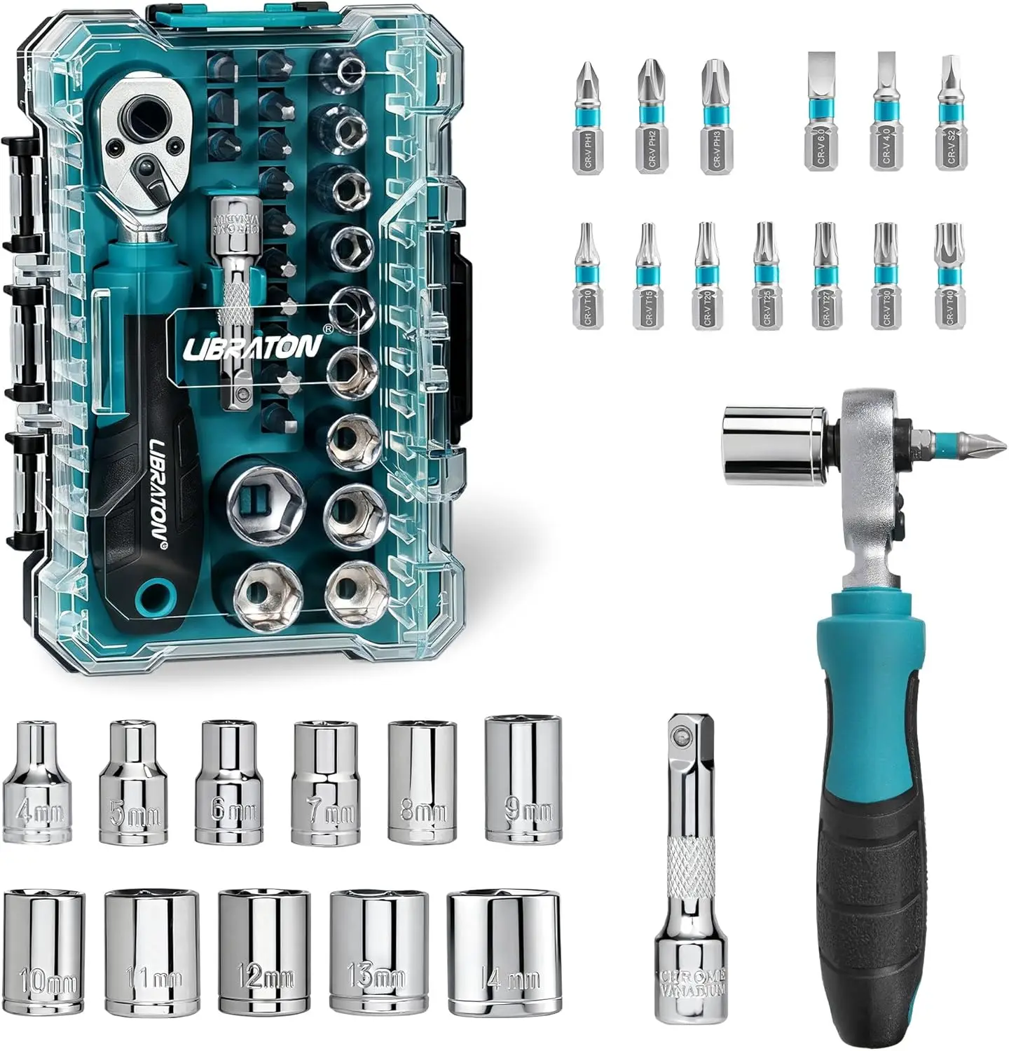 LIBRATON 26PCS 1/4" Dual-Drive Ratchet Wrench Set with Metric Shallow Sockets Screwdriver Bit Set Extension Bar for Auto Repair
LIBRATON 26PCS 1/4" Dual-Drive Ratchet Wrench Set with Metric Shallow Sockets Screwdriver Bit Set Extension Bar for Auto Repair