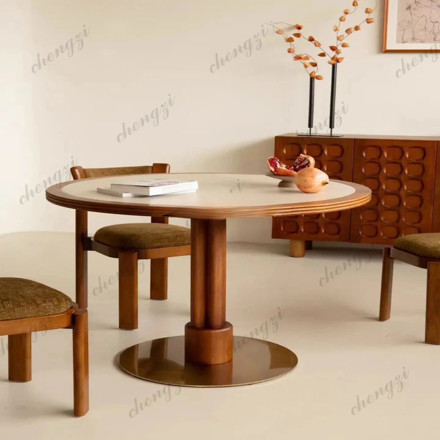 Medieval travertine rock slab solid wood dining table household small apartment round dining table teak color
Medieval travertine rock slab solid wood dining table household small apartment round dining table teak color