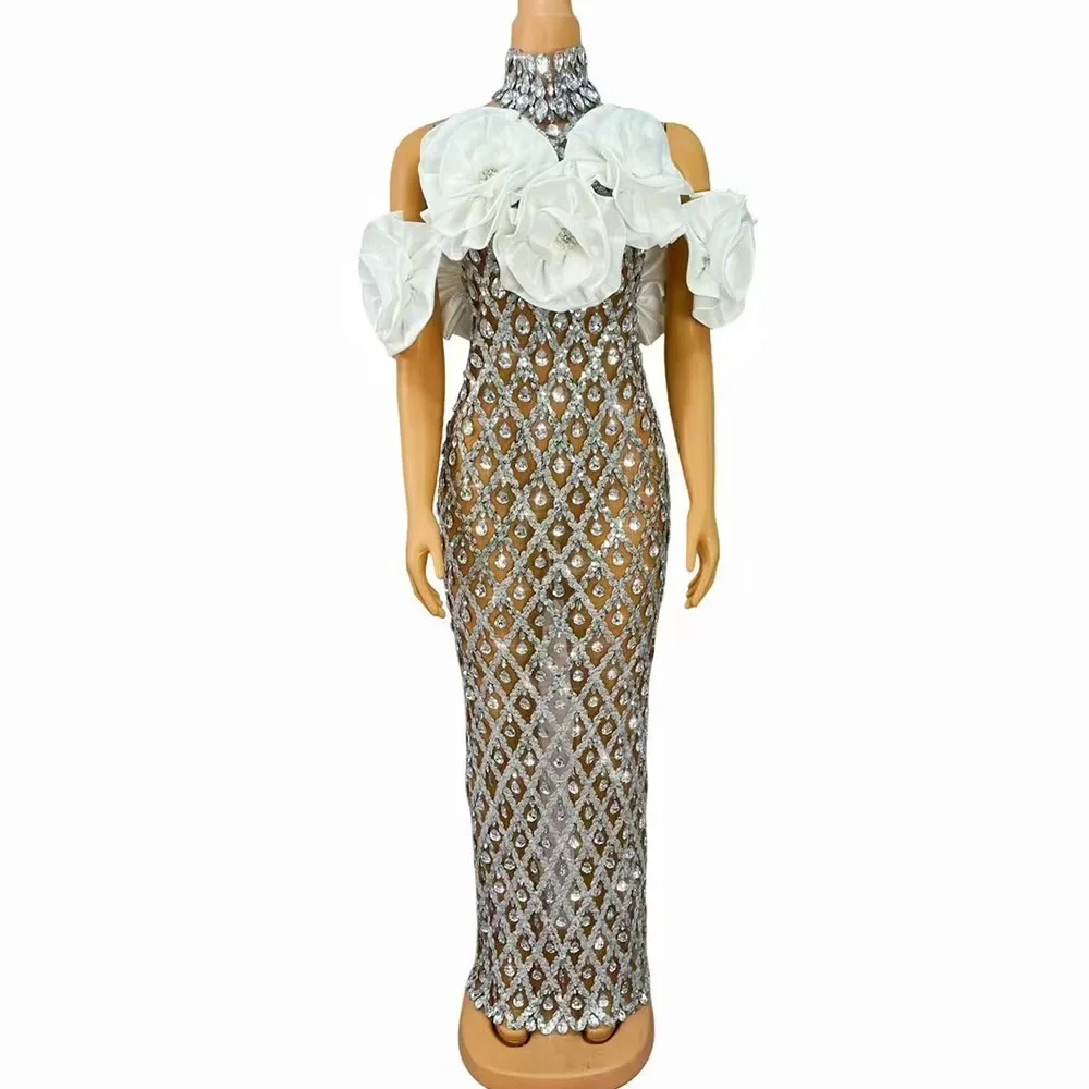 Sexy Stage Big White Rose Women Elegant Evening Dress Sparkly Silver Rhinestones Wedding Prom Outfit Show Red Carpet Costume
Sexy Stage Big White Rose Women Elegant Evening Dress Sparkly Silver Rhinestones Wedding Prom Outfit Show Red Carpet Costume