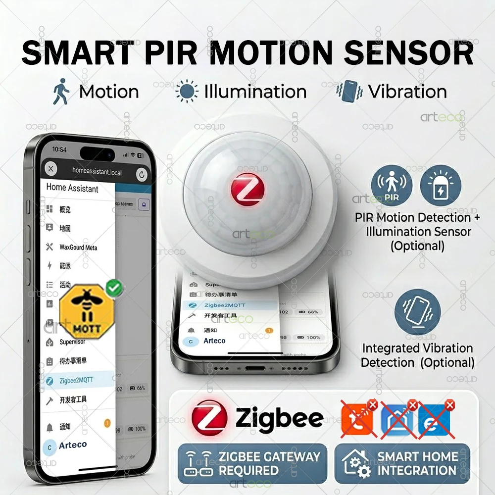 Датчик движения Zigbee 3.0 PIR с функцией определения яркости и вибрации, умный PIR-детектор движения, совместимый с Home Assistant Z2M
Датчик движения Zigbee 3.0 PIR с функцией определения яркости и вибрации, умный PIR-детектор движения, совместимый с Home Assistant Z2M