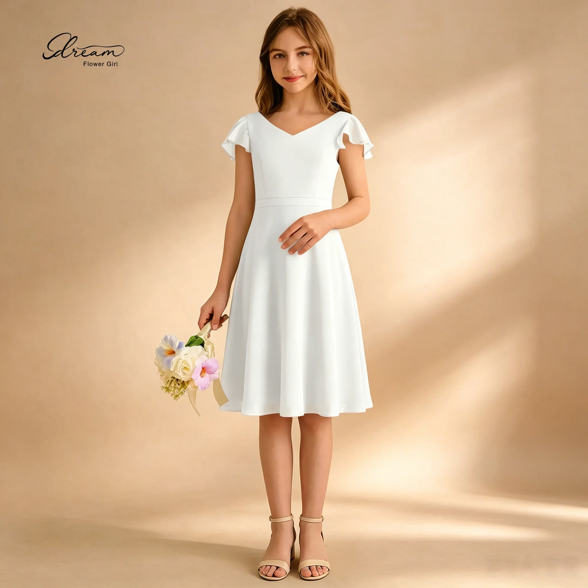 Elegant White V-Neck Strapless Knee-Length Formal Dress for Girls, Featuring Ruffled Sleeves and a Crisscross Back Design
Elegant White V-Neck Strapless Knee-Length Formal Dress for Girls, Featuring Ruffled Sleeves and a Crisscross Back Design