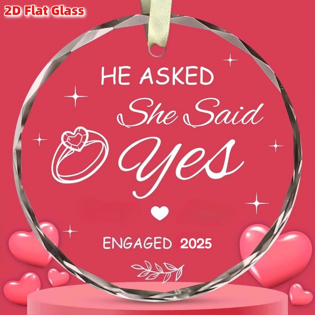 2D flat engagement ring shape glass jewelry - wedding design, 8.0 cm glass commemorative pendant
2D flat engagement ring shape glass jewelry - wedding design, 8.0 cm glass commemorative pendant