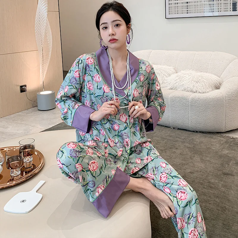 Autumn Ice-Silk Pajamas Women's Long Sleeve Abstract Pattern Home Clothing Lapel Printing Pijamas Women Trousers Pijama Mujer
Autumn Ice-Silk Pajamas Women's Long Sleeve Abstract Pattern Home Clothing Lapel Printing Pijamas Women Trousers Pijama Mujer