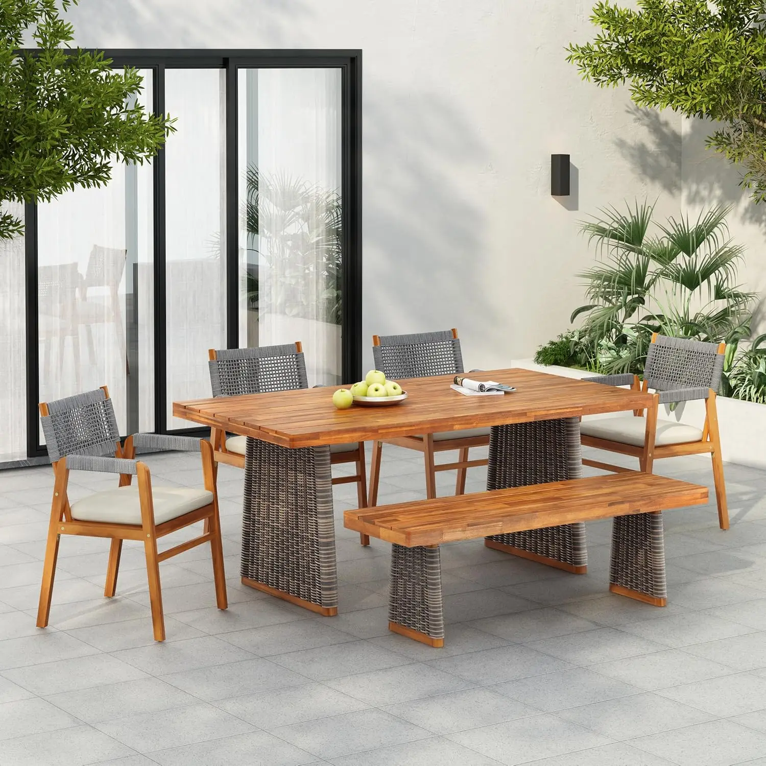 Outdoor Dining Set for 6, Patio Table & Bench with Cushion & Rope Backrest, Teak Grey, Customized