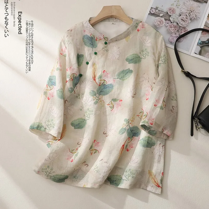 Весна-лето, китайский хлопково-льняной топ с цветочным принтом, женский топ с тонким воротником-стойкой, универсальная летняя модная верхняя одежда
Весна-лето, китайский хлопково-льняной топ с цветочным принтом, женский топ с тонким воротником-стойкой, универсальная летняя модная верхняя одежда