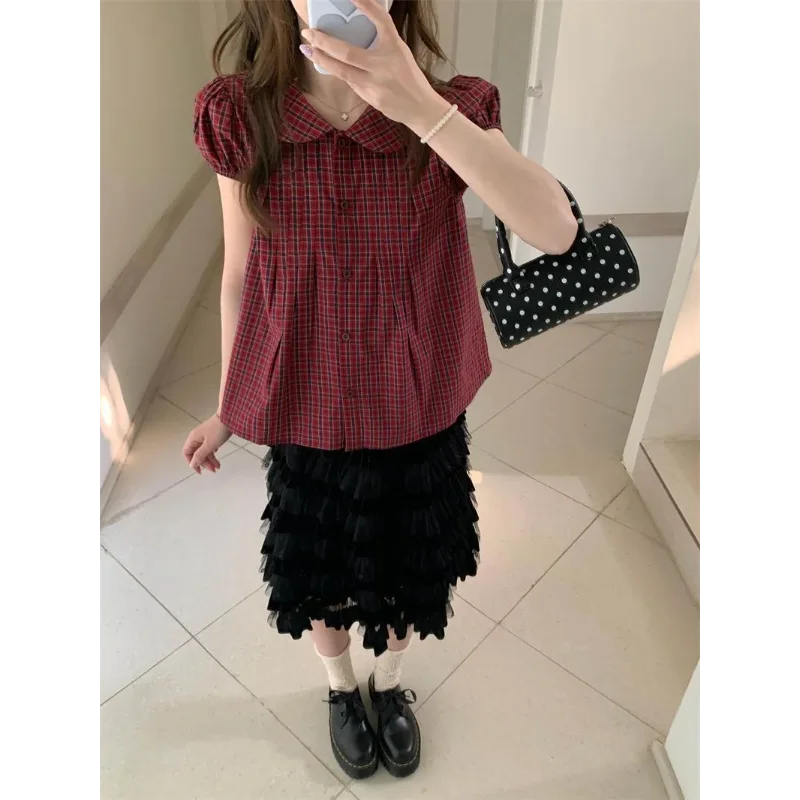 Women's Red Plaid Peter Pan Collar Blouse Puff Sleeve Button Down Casual Shirt for Summer
Women's Red Plaid Peter Pan Collar Blouse Puff Sleeve Button Down Casual Shirt for Summer