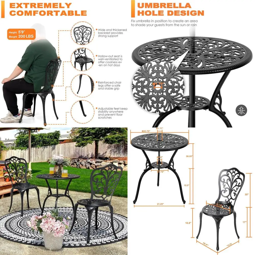 All-Weather Outdoor 3-Piece Patio Bistro Set with Umbrella Hole, Black, for Yard or Balcony
All-Weather Outdoor 3-Piece Patio Bistro Set with Umbrella Hole, Black, for Yard or Balcony