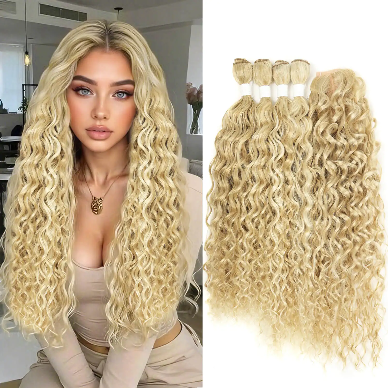 Synthetic Kinky Curly Deep Wave Hair Bundles 4PCS With Lace Closure 22-24 Inch 260g High Temperature Fiber Hair Extensions Weave
Synthetic Kinky Curly Deep Wave Hair Bundles 4PCS With Lace Closure 22-24 Inch 260g High Temperature Fiber Hair Extensions Weave