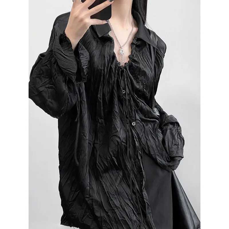 Johnature New Summer Fashion Drawstring Pleated Long-sleeved Shirt Flared Sleeve Loose Black Turn-down Collar Women Tops
Johnature New Summer Fashion Drawstring Pleated Long-sleeved Shirt Flared Sleeve Loose Black Turn-down Collar Women Tops