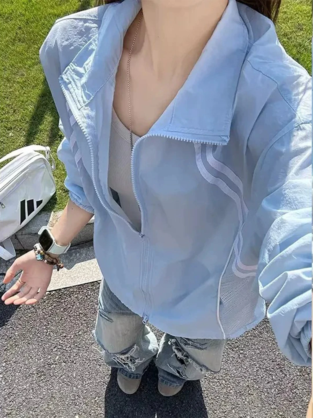 Light Blue Striped Stand Collar Sun Protection Clothing Men Women Outdoor Thin Quick Dry Fleece Couple Cycling Suit
Light Blue Striped Stand Collar Sun Protection Clothing Men Women Outdoor Thin Quick Dry Fleece Couple Cycling Suit