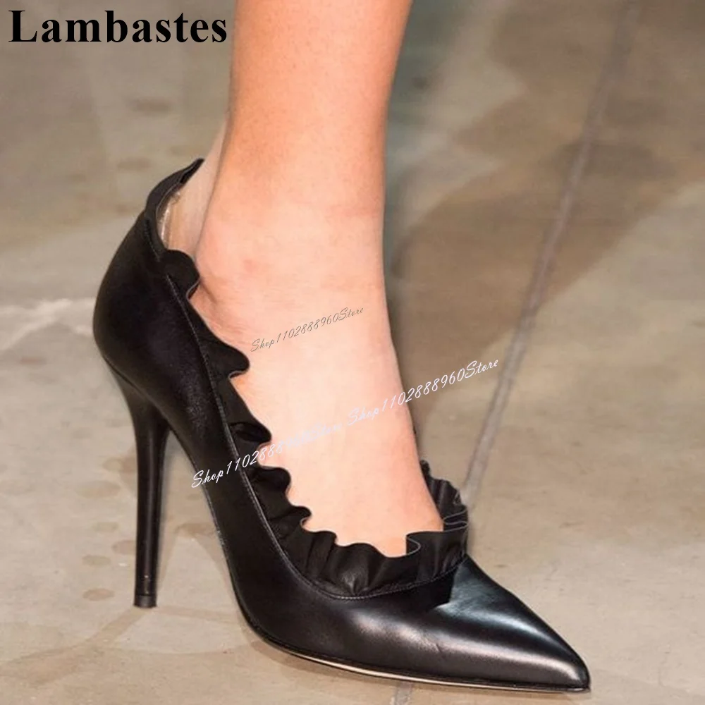 Sexy Black Leather Ruffles Decor Runway Pumps Thin High Heel Women Shoes Slip-On Pointed Toe 2024 Fashion Zapatos Para Mujere
Sexy Black Leather Ruffles Decor Runway Pumps Thin High Heel Women Shoes Slip-On Pointed Toe 2024 Fashion Zapatos Para Mujere