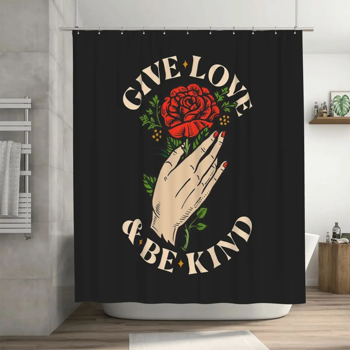 Занавеска для душа «Дарите любовь и будьте добрыми» (черная версия) из полиэстера, водонепроницаемая, с крючками
Занавеска для душа «Дарите любовь и будьте добрыми» (черная версия) из полиэстера, водонепроницаемая, с крючками