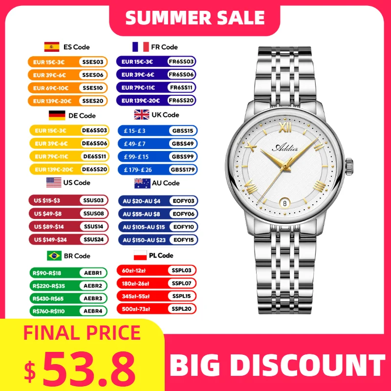 Addies Fashion Luxury Woman Watches 31mm GM12 316L Stainless Steel 5Bar Waterproof Sapphire Glass Ladies Quartz Wristwatch New
Addies Fashion Luxury Woman Watches 31mm GM12 316L Stainless Steel 5Bar Waterproof Sapphire Glass Ladies Quartz Wristwatch New