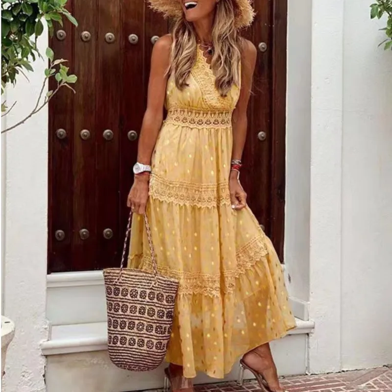 Female Polka Dot Print A-line Dress Solid Color Sexy V-neck Lace Loose Robe Lady Summer Foreign Style Patchwork Design Vestidos
Female Polka Dot Print A-line Dress Solid Color Sexy V-neck Lace Loose Robe Lady Summer Foreign Style Patchwork Design Vestidos