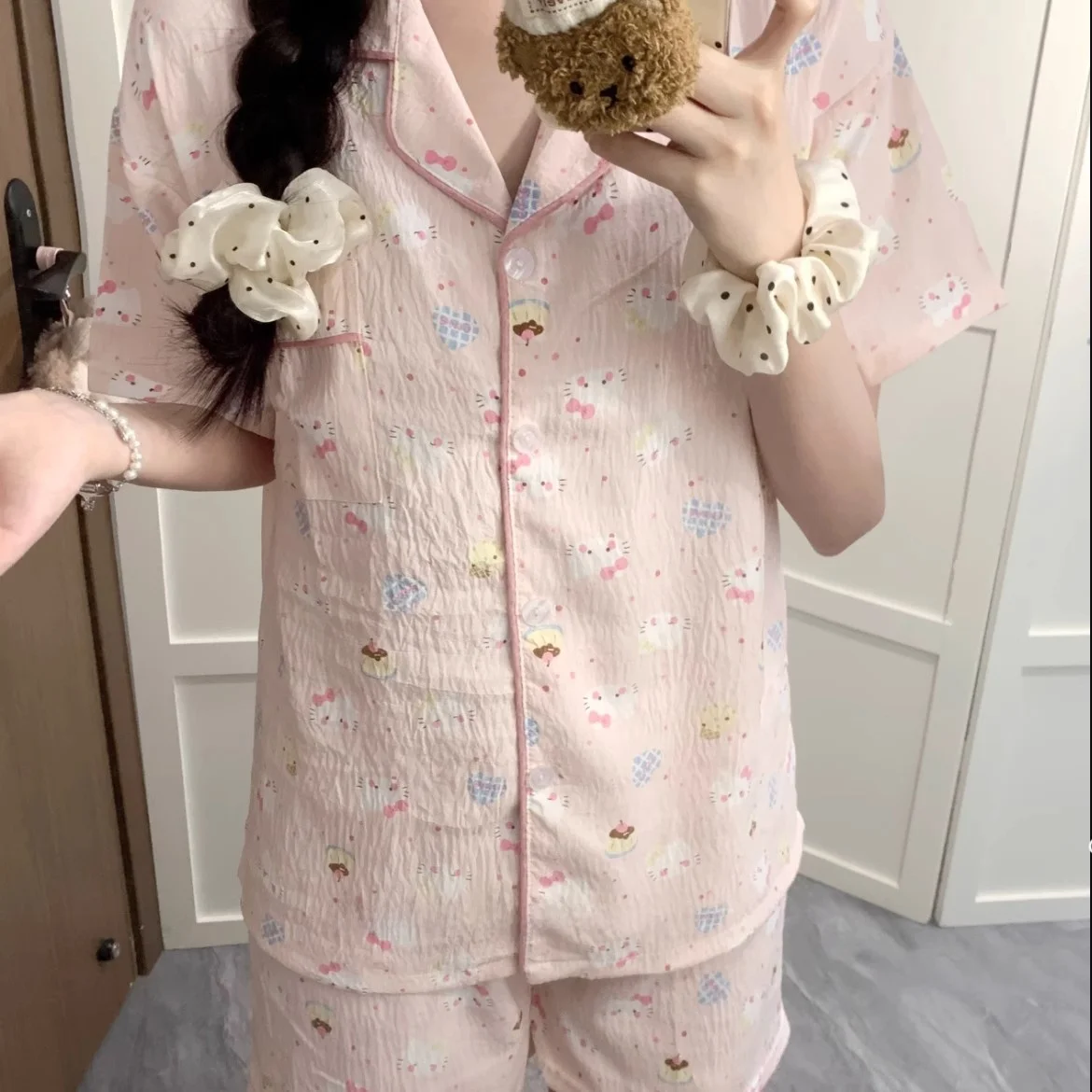 Summer Thin Cotton Pj Set Kt Cartoon Print Spwear ort Sve ort Pants Home Clothes Sweet Sle for Women
Summer Thin Cotton Pj Set Kt Cartoon Print Spwear ort Sve ort Pants Home Clothes Sweet Sle for Women