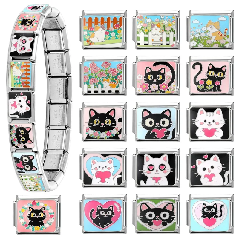 Whimsical Cat Italian Charms 9mm Stainless Steel Cute Kitten Flower Modular Links For DIY Personalized Bracelet Jewelry Gifts
Whimsical Cat Italian Charms 9mm Stainless Steel Cute Kitten Flower Modular Links For DIY Personalized Bracelet Jewelry Gifts
