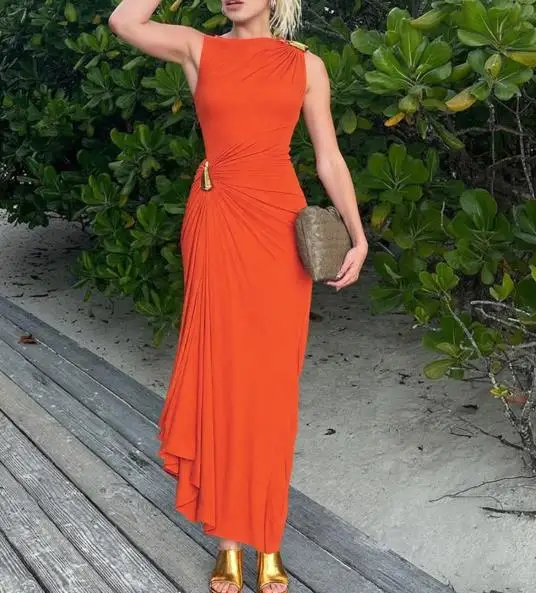 Women Dresses 2026 Spring Summer New Fashion and Sexy Slim Fit Metal Decor Hip Fold Sleeveless Casual Solid Color Long Dress
Women Dresses 2026 Spring Summer New Fashion and Sexy Slim Fit Metal Decor Hip Fold Sleeveless Casual Solid Color Long Dress