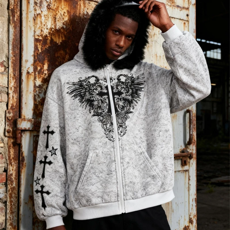 Retro and trendy Gothic sweatshirt with cross and wing print, sweatshirt with fluffy autumn and winter clothing for outerwear
Retro and trendy Gothic sweatshirt with cross and wing print, sweatshirt with fluffy autumn and winter clothing for outerwear