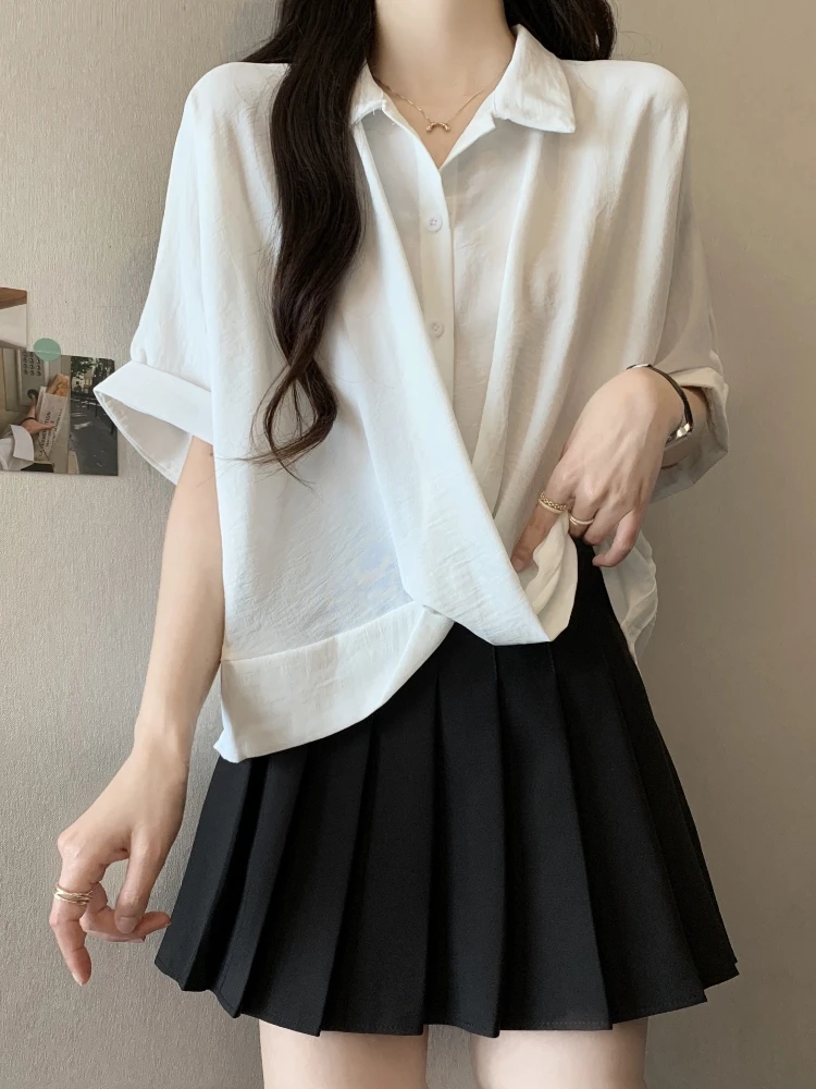 Slimming Short Sleeve Women's Shirt Summer Base Layer Cross Design Irregular Korean Style Neck Loose Fit Button Detail
Slimming Short Sleeve Women's Shirt Summer Base Layer Cross Design Irregular Korean Style Neck Loose Fit Button Detail