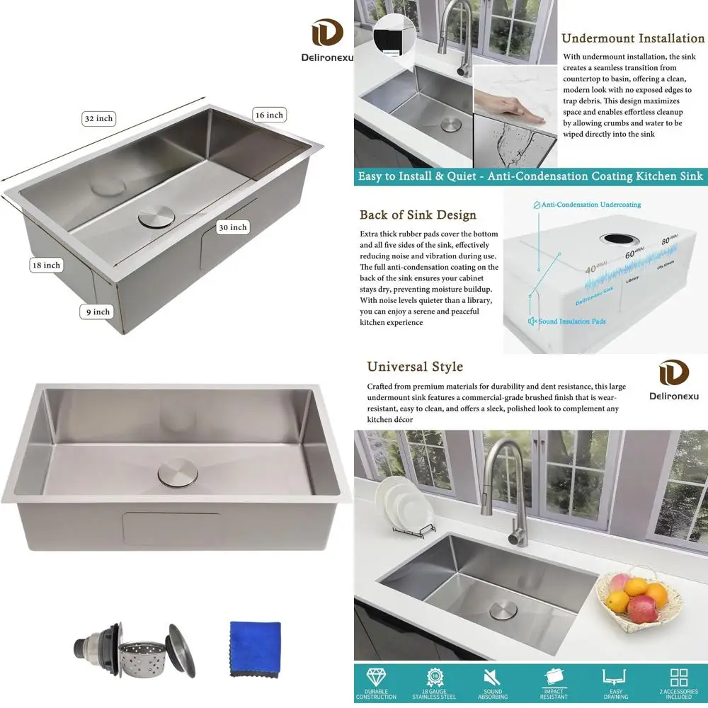 32 Inch Single Bowl Stainless Steel Undermount Kitchen Sink with Drain Cover and Cleaning Cloth
32 Inch Single Bowl Stainless Steel Undermount Kitchen Sink with Drain Cover and Cleaning Cloth