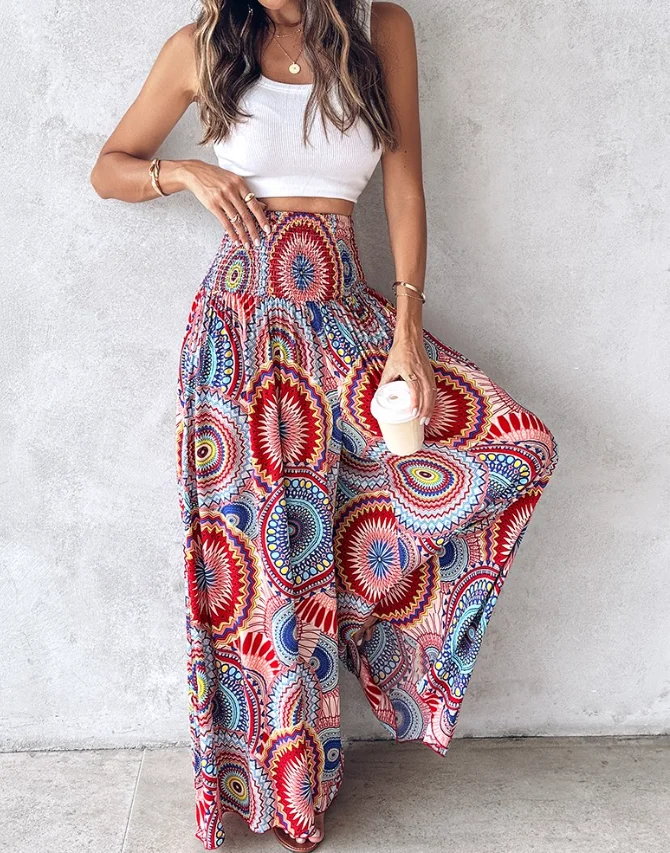 Summer Female Wide Legs Trousers High Waist Fashion Printing Chiffon Pants for Women Lady Holiday Clothes Long Loose Beach Pants
Summer Female Wide Legs Trousers High Waist Fashion Printing Chiffon Pants for Women Lady Holiday Clothes Long Loose Beach Pants