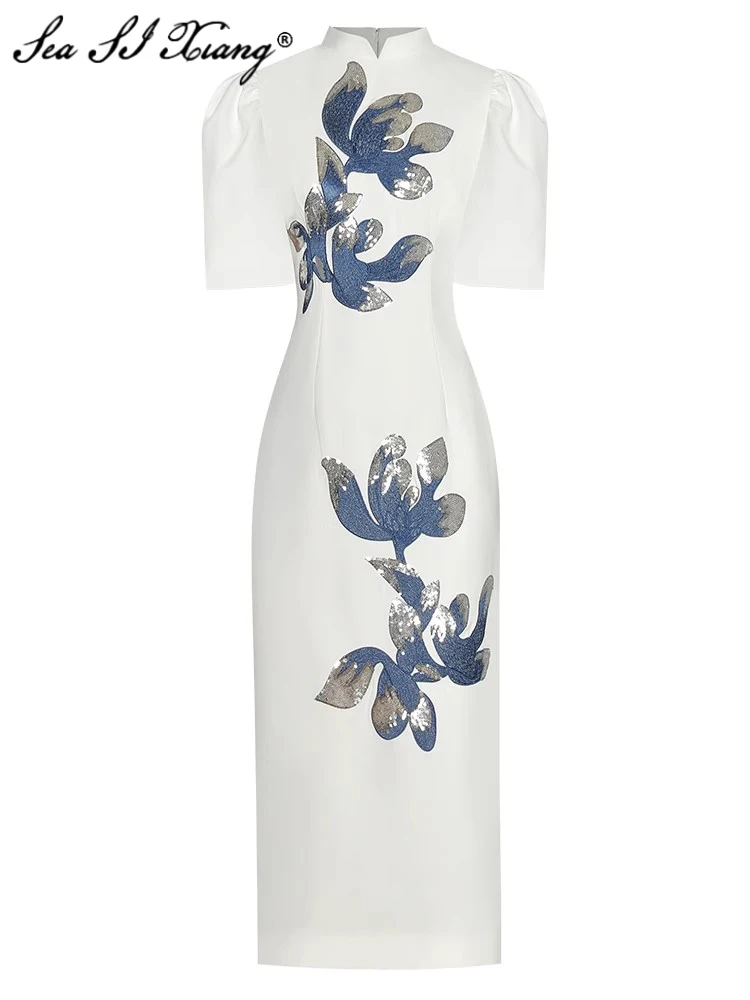 Seasixiang Fashion Designer Summer Pencil Dress Women Stand Collar Short Sleeve Sequins Embroidery Chinese Style Party Dresses
Seasixiang Fashion Designer Summer Pencil Dress Women Stand Collar Short Sleeve Sequins Embroidery Chinese Style Party Dresses