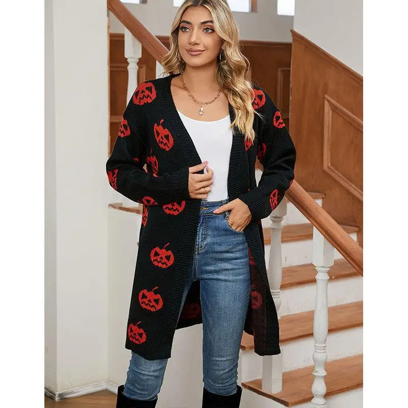 Повседневный длинный вязаный свитер, женский открытый кардиган с рисунком тыквы на Хэллоуин, удобное пальто средней длины для поездок на работу
Повседневный длинный вязаный свитер, женский открытый кардиган с рисунком тыквы на Хэллоуин, удобное пальто средней длины для поездок на работу
