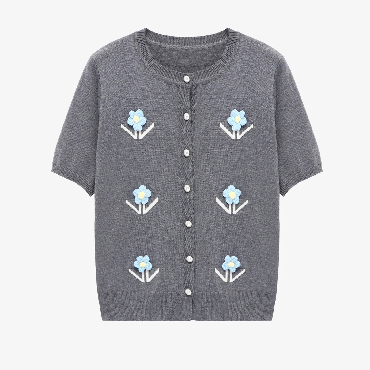 Casual Fashion O-neck Short Sleeve Single-breasted Knitwear Women's Tops Chic 3D Flower Appliques Knitted Cardigan T-Shirt
Casual Fashion O-neck Short Sleeve Single-breasted Knitwear Women's Tops Chic 3D Flower Appliques Knitted Cardigan T-Shirt