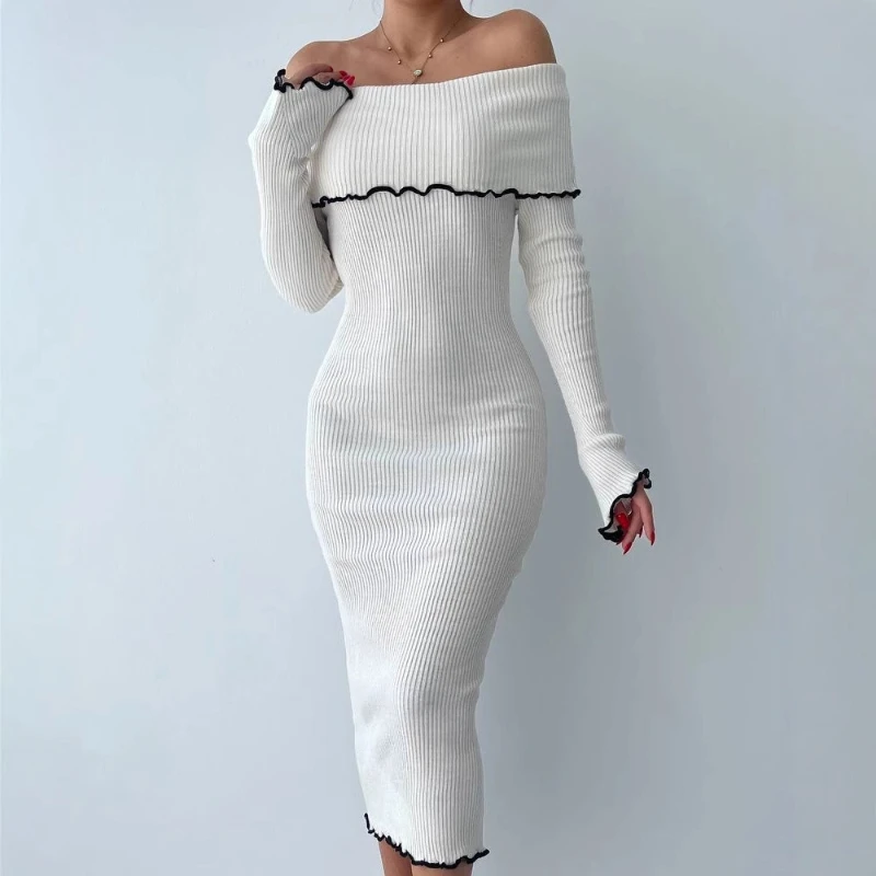 One-shoulder Pit Knit Dress Long-Sleeved Wooden Ear Contrast Women's Hip Tight Skirt
One-shoulder Pit Knit Dress Long-Sleeved Wooden Ear Contrast Women's Hip Tight Skirt