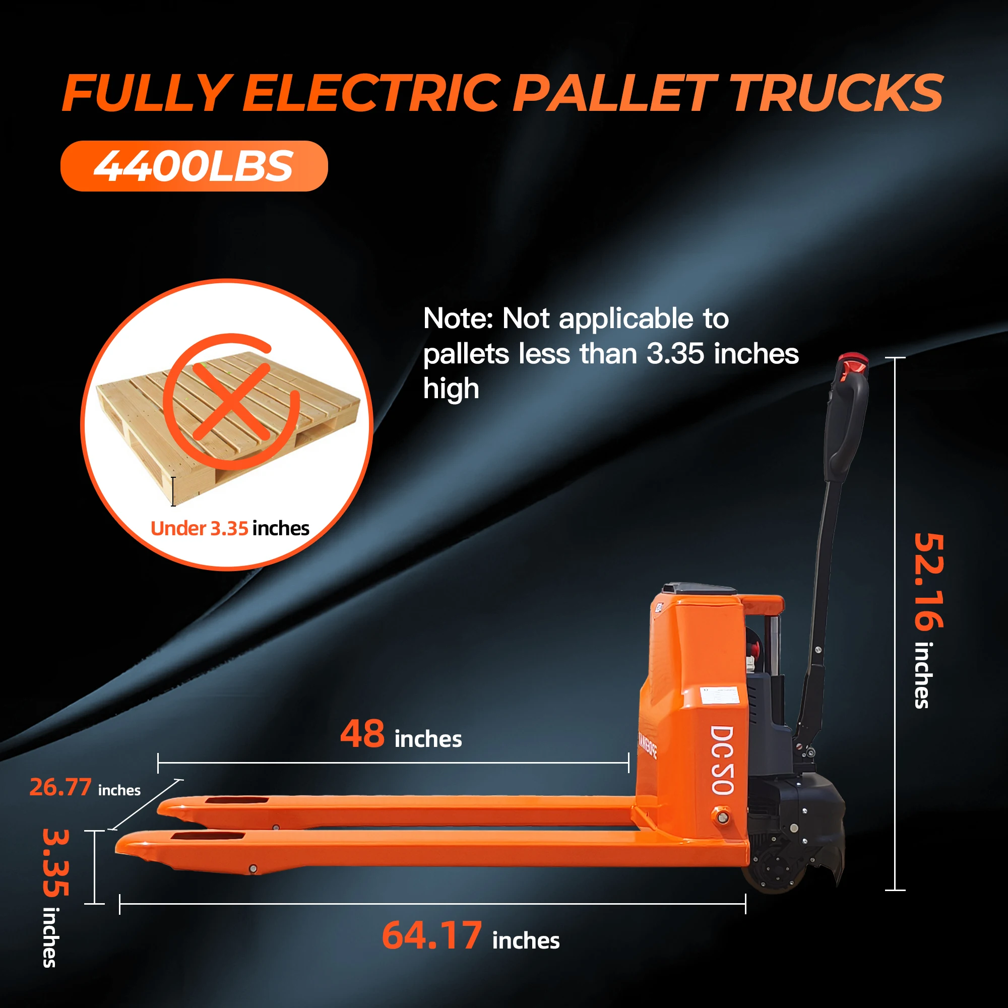 4400LBS Electric Pallet Jack Efficient and durable With 48"x27" 48V Lithium Battery & Charger Perfect for Warehouses, Workshops
4400LBS Electric Pallet Jack Efficient and durable With 48"x27" 48V Lithium Battery & Charger Perfect for Warehouses, Workshops