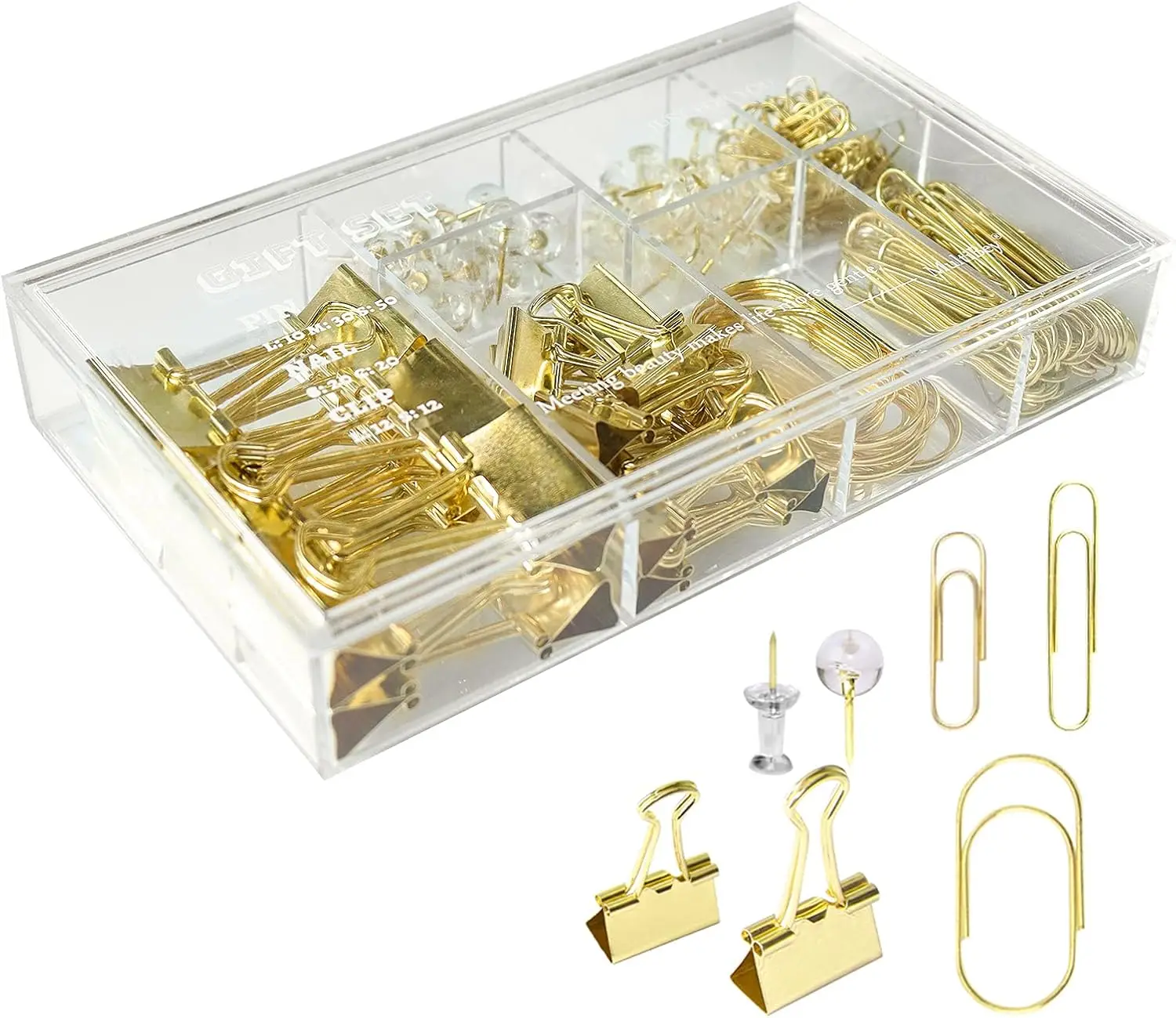 154 Pcs Gold Office Supplies Set: Paper Clips, Binder Clips, Push Pins in Storage Case
154 Pcs Gold Office Supplies Set: Paper Clips, Binder Clips, Push Pins in Storage Case