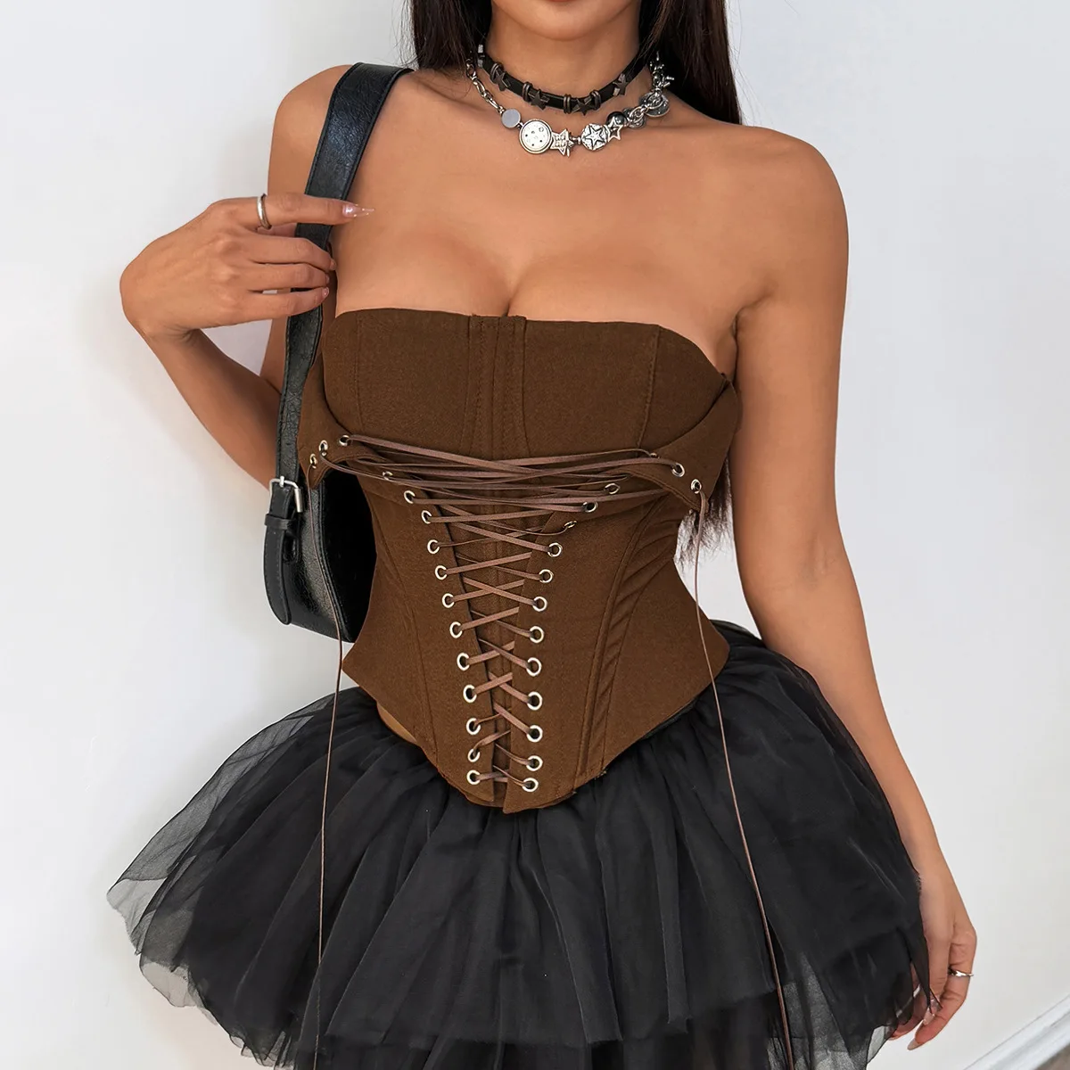 Women Ladies Party Club Y2K Brown Skinny Corset Top Sexy Off Shoulder Bandage Cross Slim Fishbone Tank Top
Women Ladies Party Club Y2K Brown Skinny Corset Top Sexy Off Shoulder Bandage Cross Slim Fishbone Tank Top