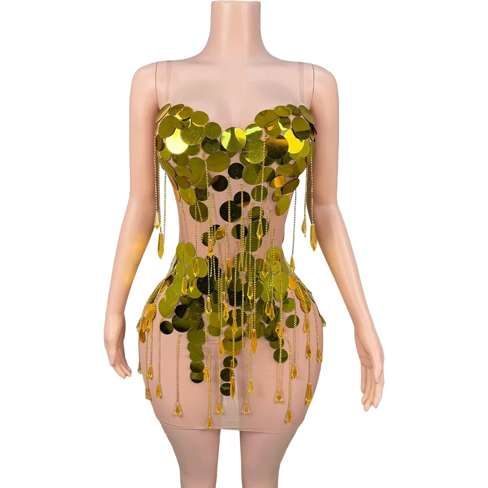 Sexy Gold Large Round Sequin Tassel Chain Mini Dress Strap Sheer Mesh Bodycon Nightclub Singer Performance Stage Wear
Sexy Gold Large Round Sequin Tassel Chain Mini Dress Strap Sheer Mesh Bodycon Nightclub Singer Performance Stage Wear