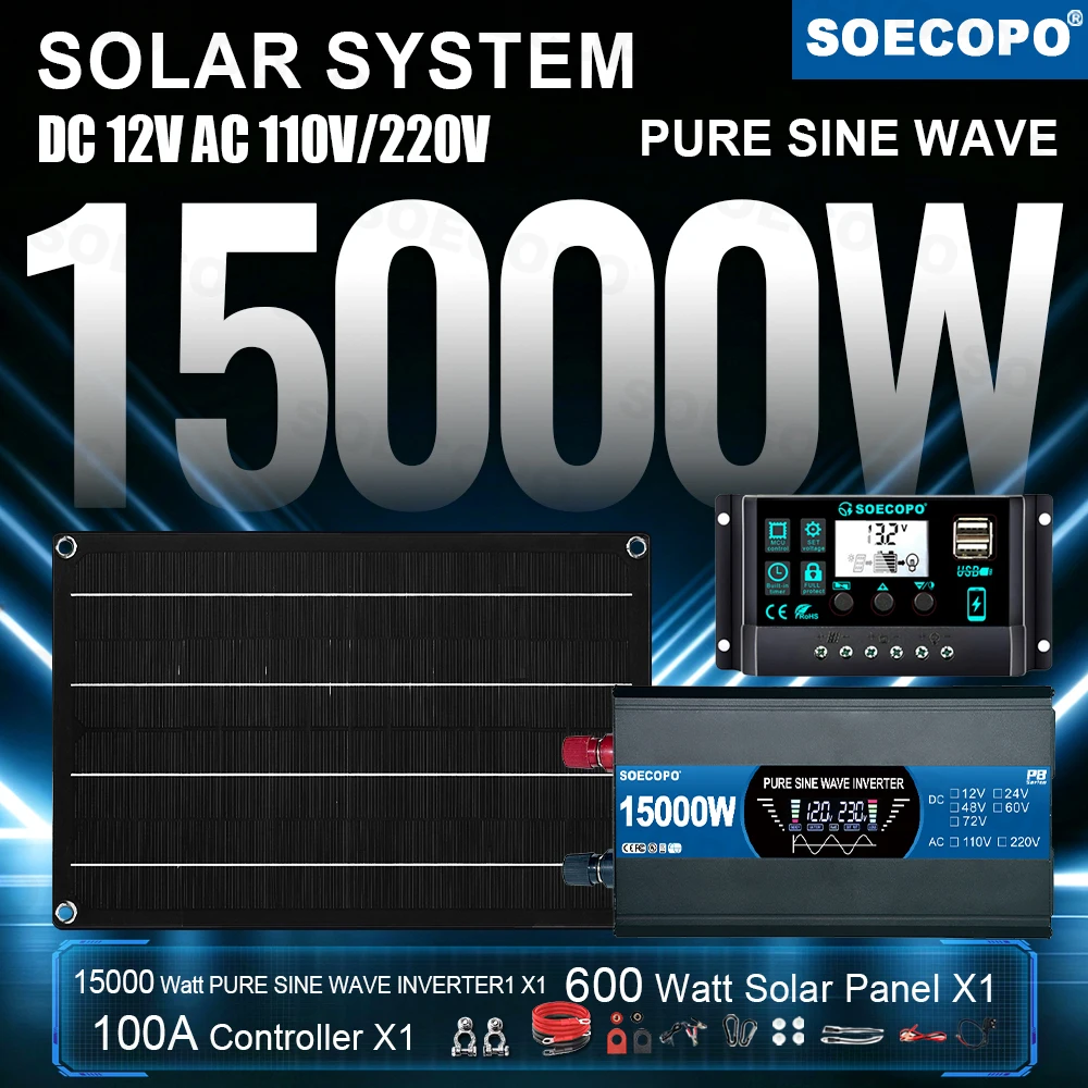 15000W Peak Solar System Kit 12V To 110V 220V Pure Sine Wave Inverter 600 Panel 100A Controller Generator for Charger Off Grid
15000W Peak Solar System Kit 12V To 110V 220V Pure Sine Wave Inverter 600 Panel 100A Controller Generator for Charger Off Grid