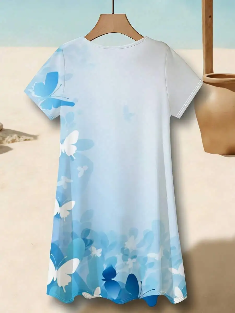 Womens Casual Blue White Butterfly Floral Print Short Sleeve Crew Neck Dress For Leisure
Womens Casual Blue White Butterfly Floral Print Short Sleeve Crew Neck Dress For Leisure