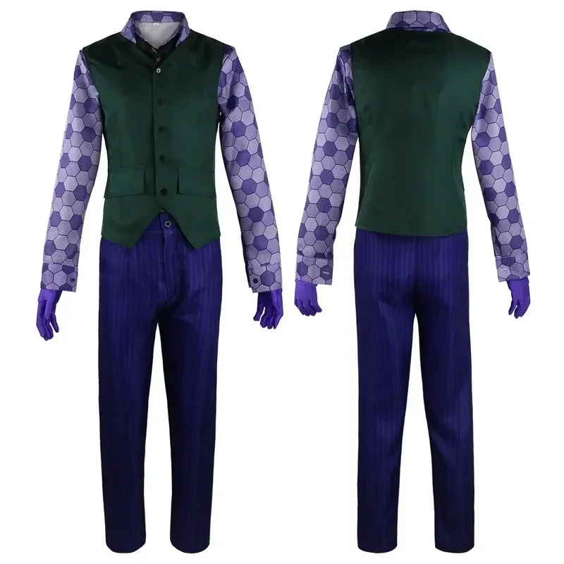 Movie Dark Knight Clown Cosplay Costume Heath Ledger Clown Purple Uniform Latex Mask Full Set Adult Halloween Carnival Party 
Movie Dark Knight Clown Cosplay Costume Heath Ledger Clown Purple Uniform Latex Mask Full Set Adult Halloween Carnival Party