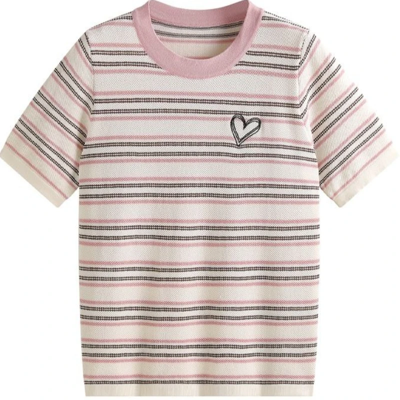 Summer Horizontal Striped Heart-shaped Tattoo Women's T-shirt Fashionable and Comfortable Texture Short Sleeved High-quality Top
Summer Horizontal Striped Heart-shaped Tattoo Women's T-shirt Fashionable and Comfortable Texture Short Sleeved High-quality Top