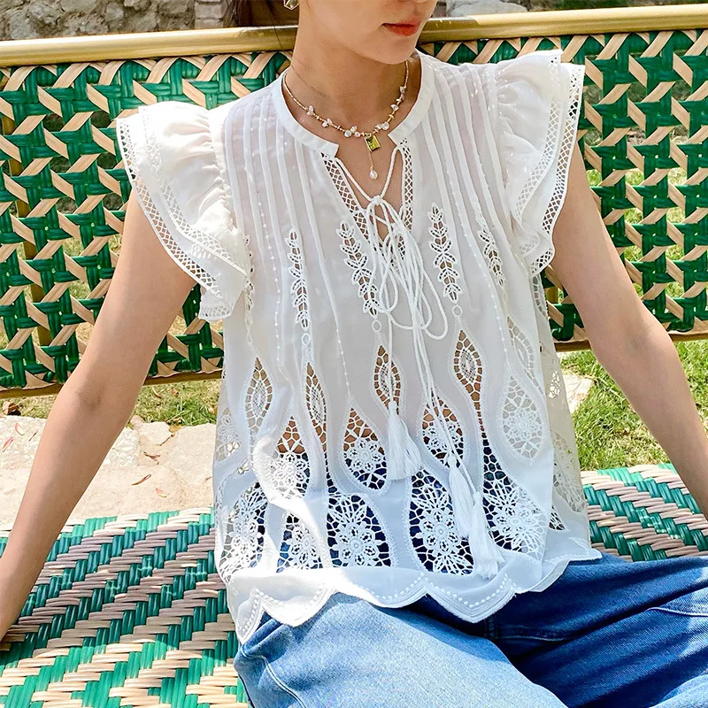 Vacation Women's French-Style Wide Embroidered Top Ruffle Sleeve Summer New Korea Small Shirt South Oil Women's Clothing
Vacation Women's French-Style Wide Embroidered Top Ruffle Sleeve Summer New Korea Small Shirt South Oil Women's Clothing