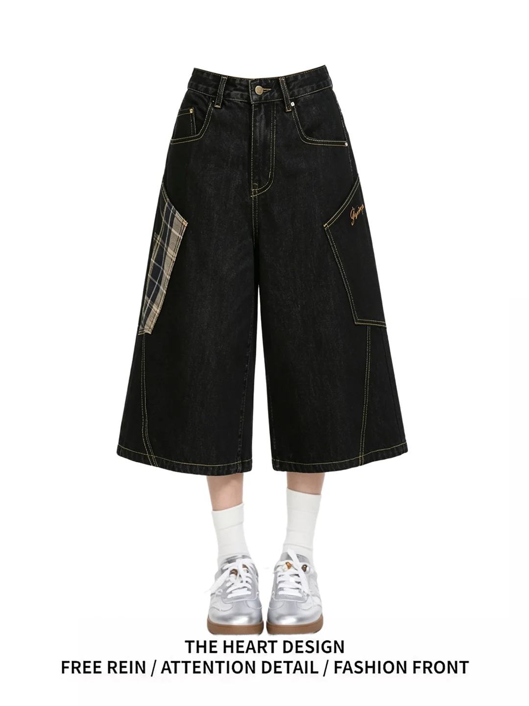 Retro American Plaid Patchwork Denim Wide Leg Loose Fit Shorts High Waist Summer Casual Trousers for Women Deep Light Colors
Retro American Plaid Patchwork Denim Wide Leg Loose Fit Shorts High Waist Summer Casual Trousers for Women Deep Light Colors