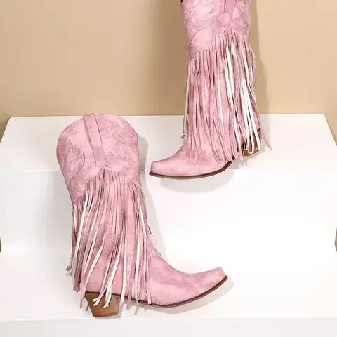 Ochanmeb Large Size 45 Women Retro Ethnic Western Cowboy Boots Block Medium Heels Tassel Fringe Kneehigh Boots Lady Winter Shoes