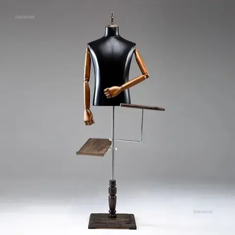 Full Leather Male Mannequin with Wood Arms PU Material Mannequins Man Clothes Full-body Window Display Dummy with Wooden Base g