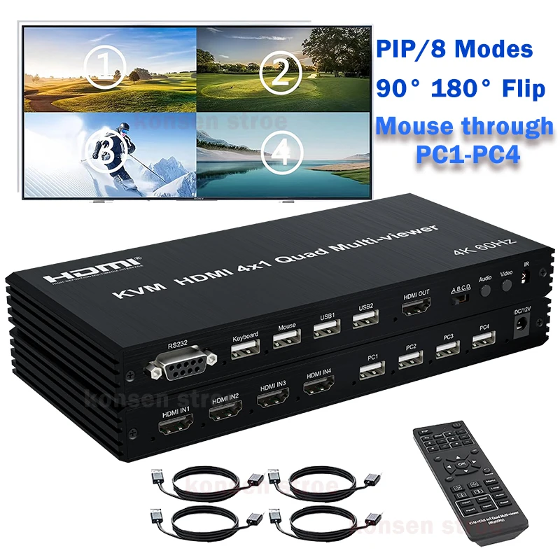4K 60Hz HDMI KVM Multi Viewer Switch 4 in 1 out PIP 90° 180° Flip for 4 PCs Share USB Keyboard and Mouse Control Mouse Through
4K 60Hz HDMI KVM Multi Viewer Switch 4 in 1 out PIP 90° 180° Flip for 4 PCs Share USB Keyboard and Mouse Control Mouse Through