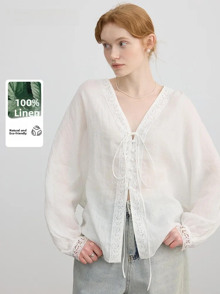 100% Flax Women's V-neck Lace Trim Belted Shirt Long Sleeve Spring Versatile Loose Fit Sun Protection Top Ethnic Style
100% Flax Women's V-neck Lace Trim Belted Shirt Long Sleeve Spring Versatile Loose Fit Sun Protection Top Ethnic Style