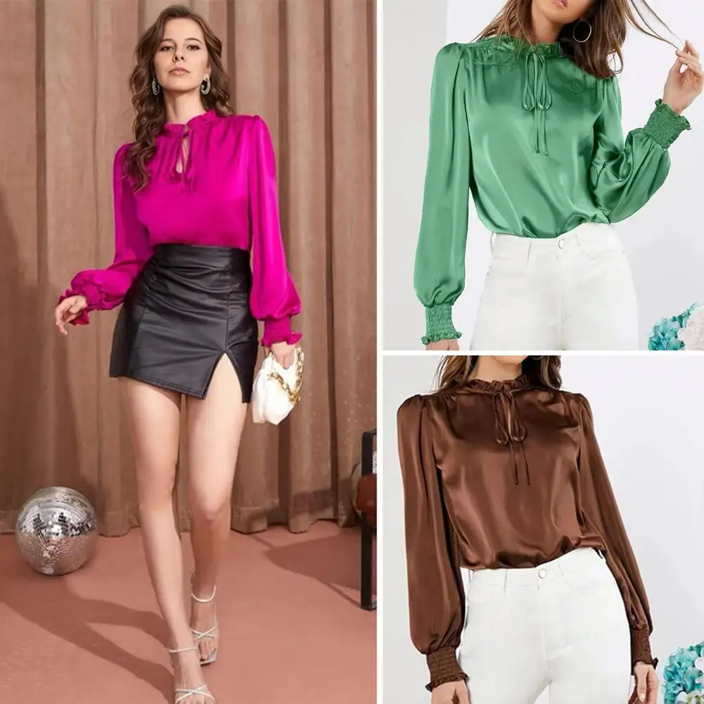 Women Satin Shirt Elegant Stand Collar Ruffle Trim Satin Shirt for Women Long Sleeve Pullover Top Solid Color Loose Fit Blouse
Women Satin Shirt Elegant Stand Collar Ruffle Trim Satin Shirt for Women Long Sleeve Pullover Top Solid Color Loose Fit Blouse