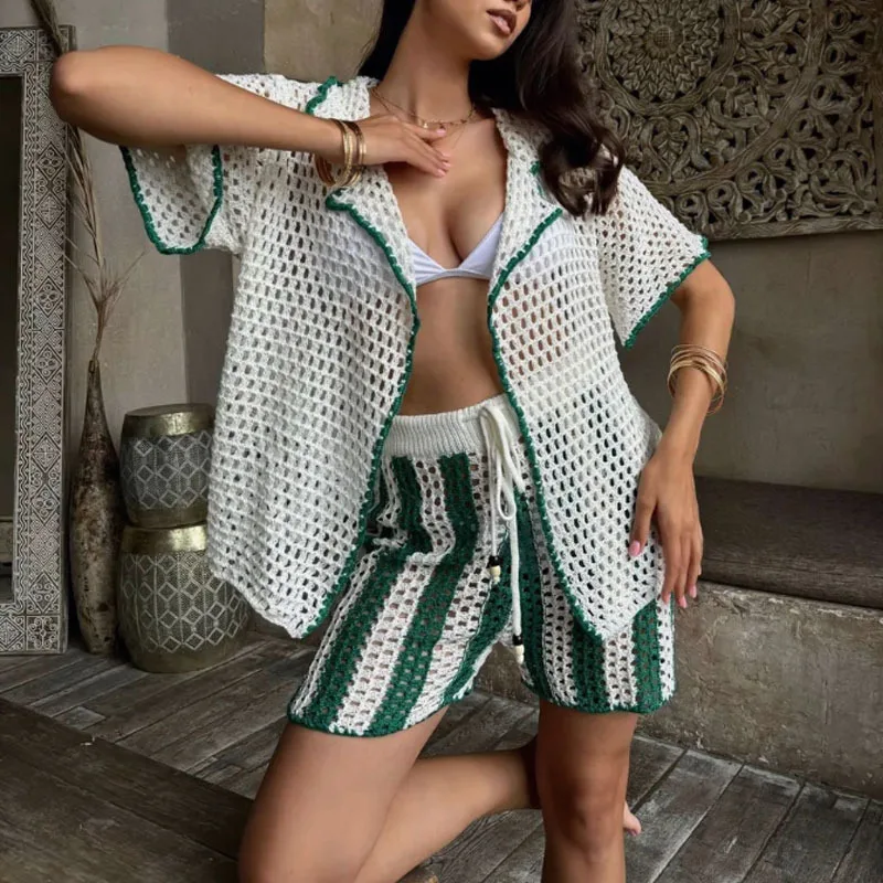 Women's See-Through Lace Knit Shorts Set with Lapel Collar Casual 2 Piece Outfit
Women's See-Through Lace Knit Shorts Set with Lapel Collar Casual 2 Piece Outfit