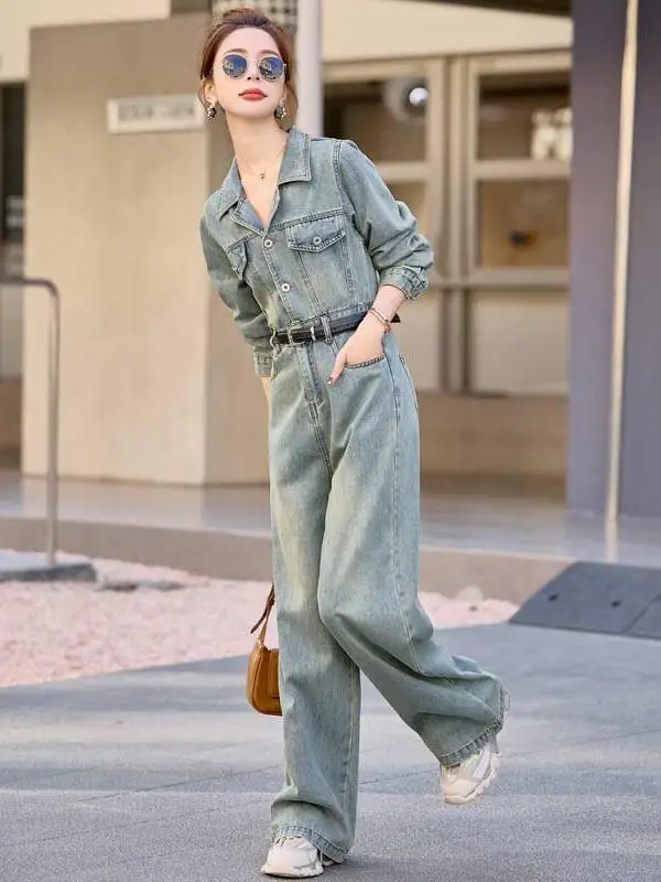 Light Blue Vintage Denim Jumpsuit High Waist Wide Leg Pants Anti-Aging Spring 2025 Faion Set Cotton 95% Spandex 5%
Light Blue Vintage Denim Jumpsuit High Waist Wide Leg Pants Anti-Aging Spring 2025 Faion Set Cotton 95% Spandex 5%